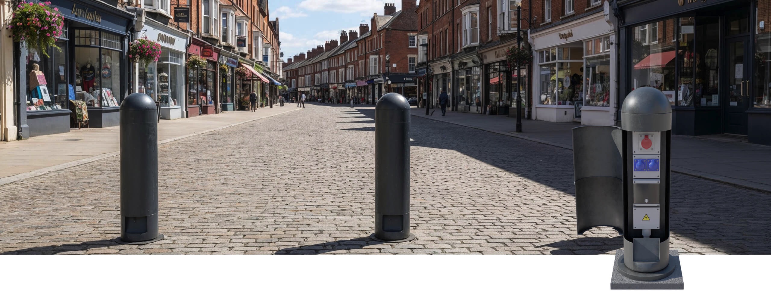 Pop Up Power Supplies Power Bollard in high street location with doors open and closed.